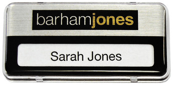 Reusable plastic name badges - Clear border and brushed silver / black background | www.namebadgesinternational.co.uk